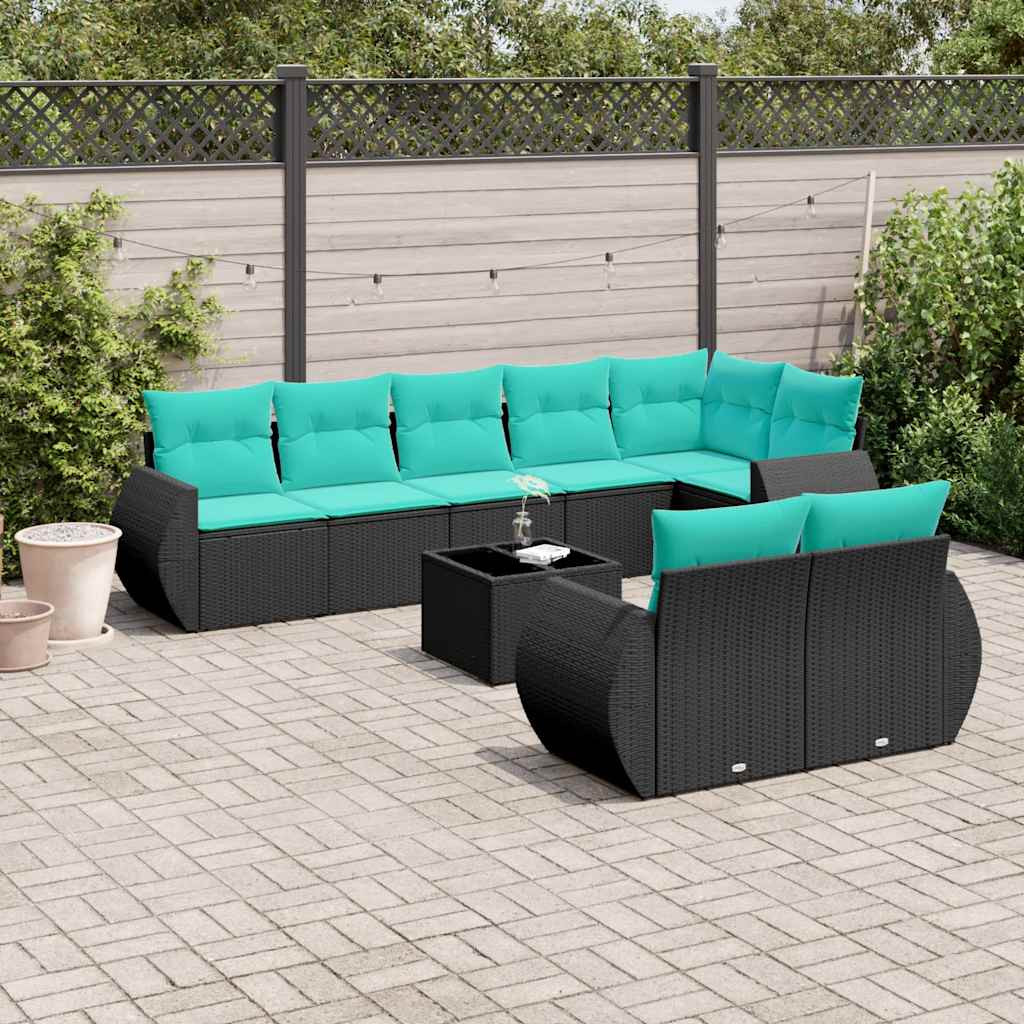 vidaXL 9-teiliges Gartensofa-Set mit Kissen, schwarzes Polyrattan