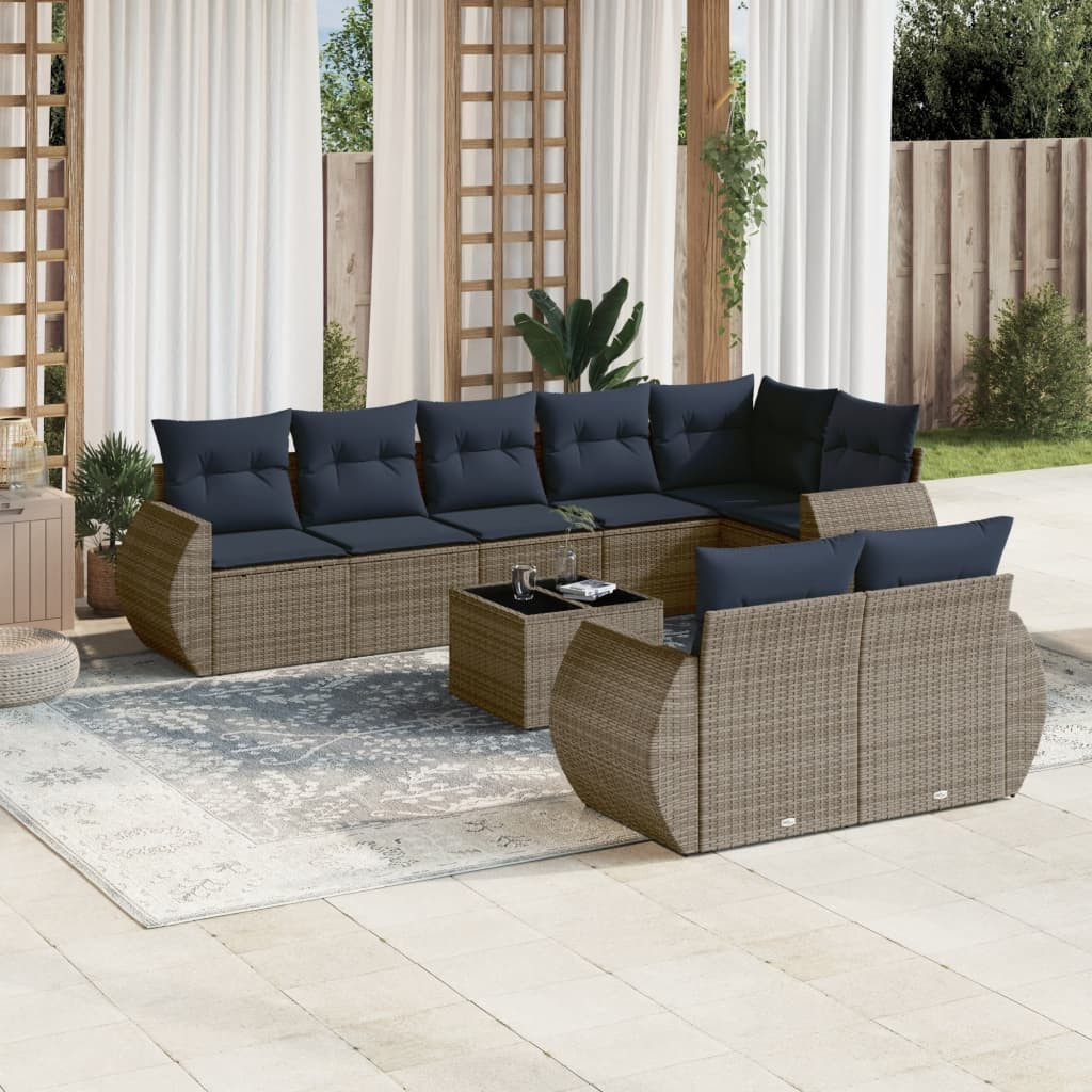 vidaXL 9-teiliges Gartensofa-Set mit Kissen, grau, Polyrattan