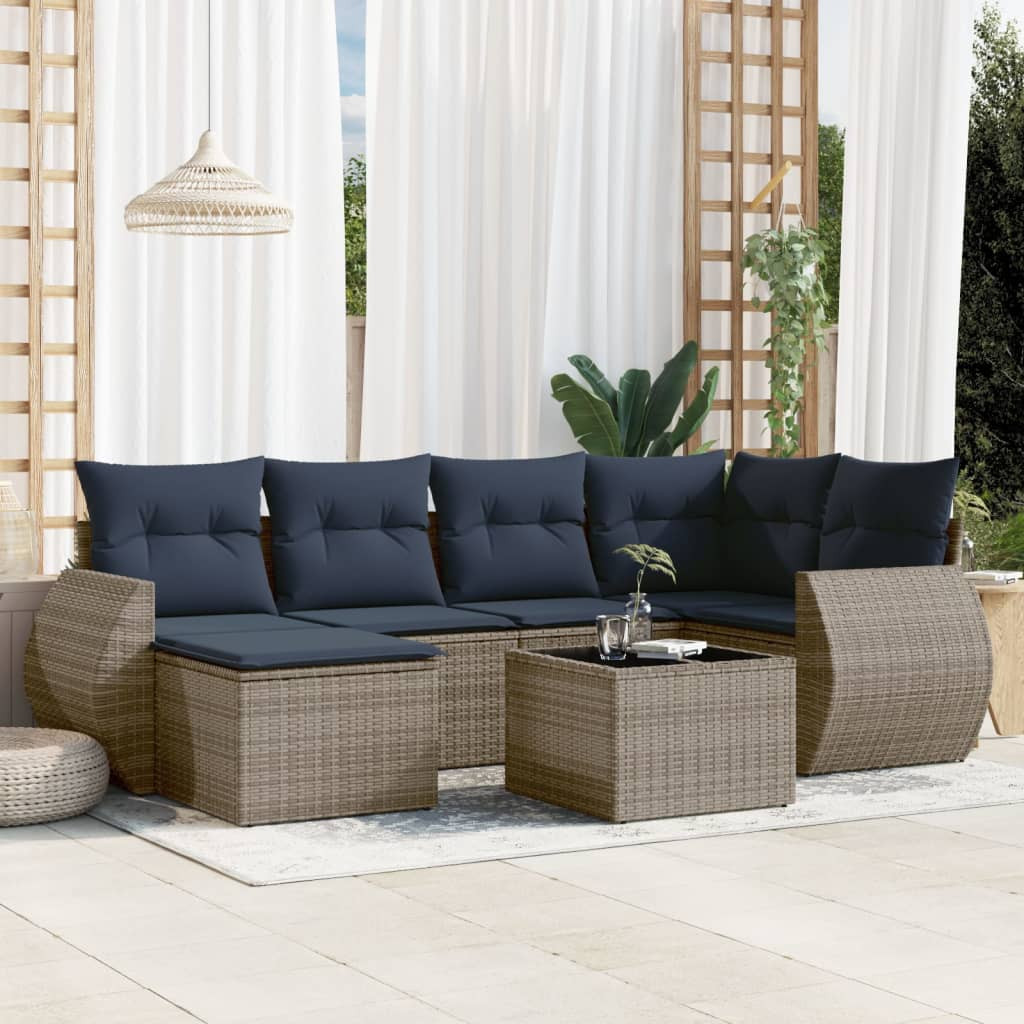 vidaXL 7-teiliges Gartensofa-Set mit Kissen, grau, Polyrattan