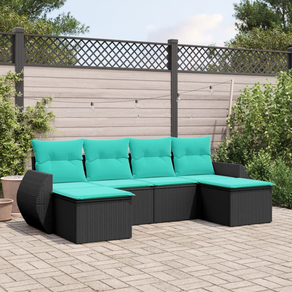 vidaXL 6-teiliges Gartensofa-Set mit Kissen, schwarzes Polyrattan
