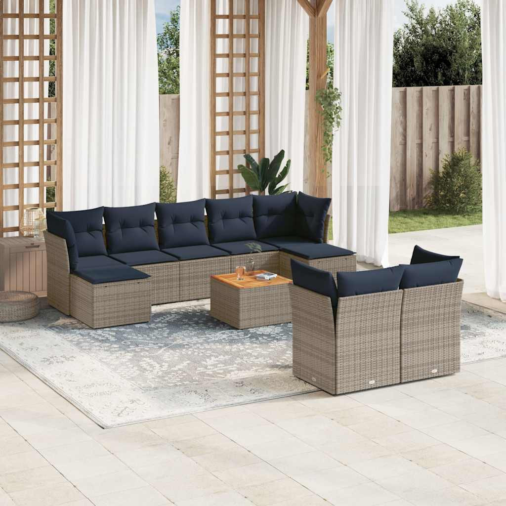 vidaXL 10-teiliges Gartensofa-Set mit Kissen, grau, Polyrattan