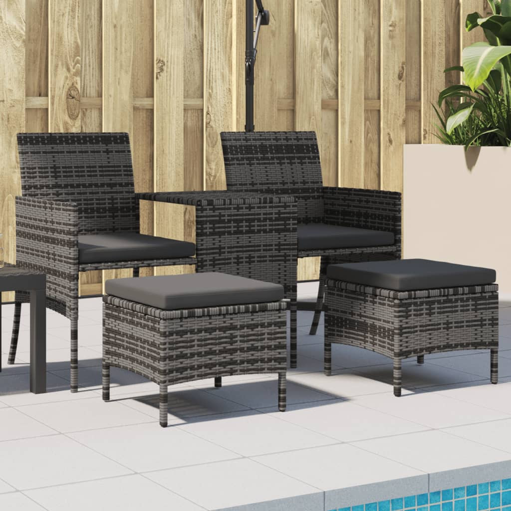 vidaXL 2-Sitzer-Gartensofa mit Teetisch und Hocker Poly Rattan Grau
