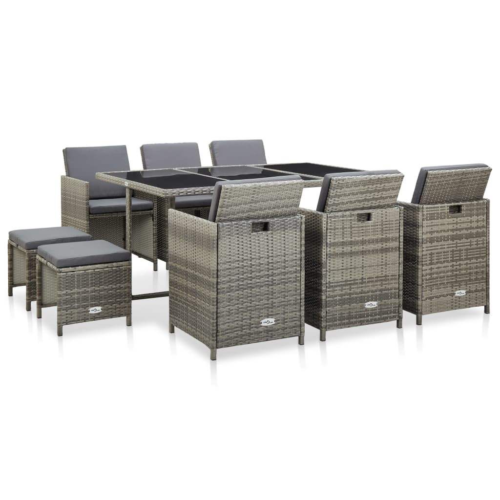 vidaXL 11-tlg. Garten-Essgruppe mit Auflagen Poly Rattan Grau