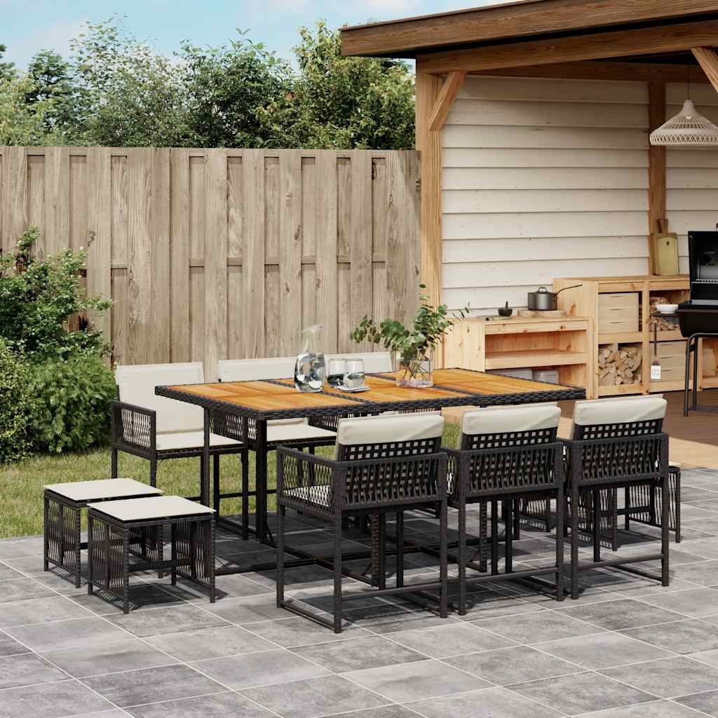 vidaXL 11-tlg. Garten-Essgruppe mit Kissen Schwarz Poly Rattan