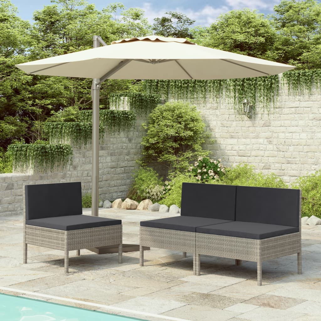 vidaXL Gartenstühle 3 Stk. mit Auflagen Poly Rattan Grau