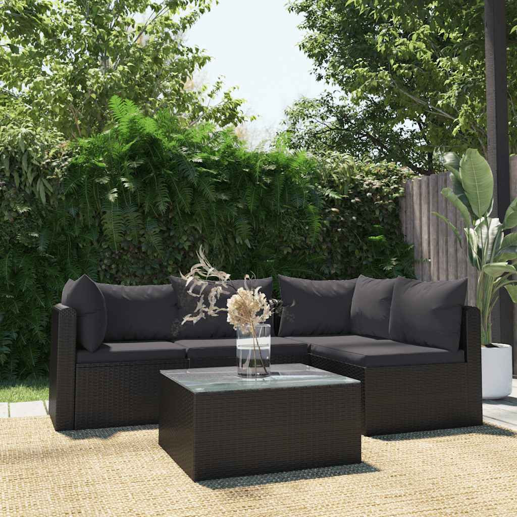 vidaXL 5-tlg. Garten-Lounge-Set mit Auflagen Poly Rattan Schwarz