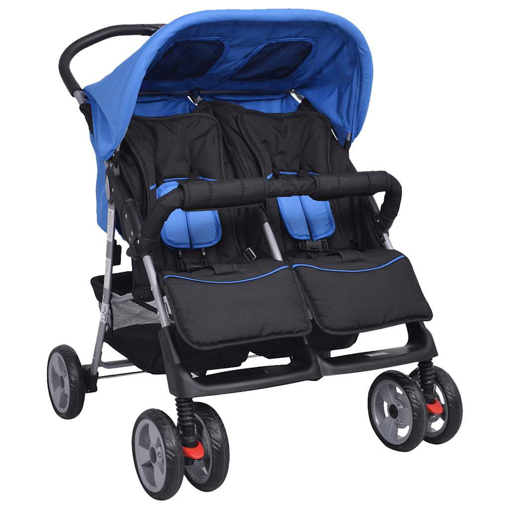 vidaXL Zwillingskinderwagen Stahl Blau und Schwarz