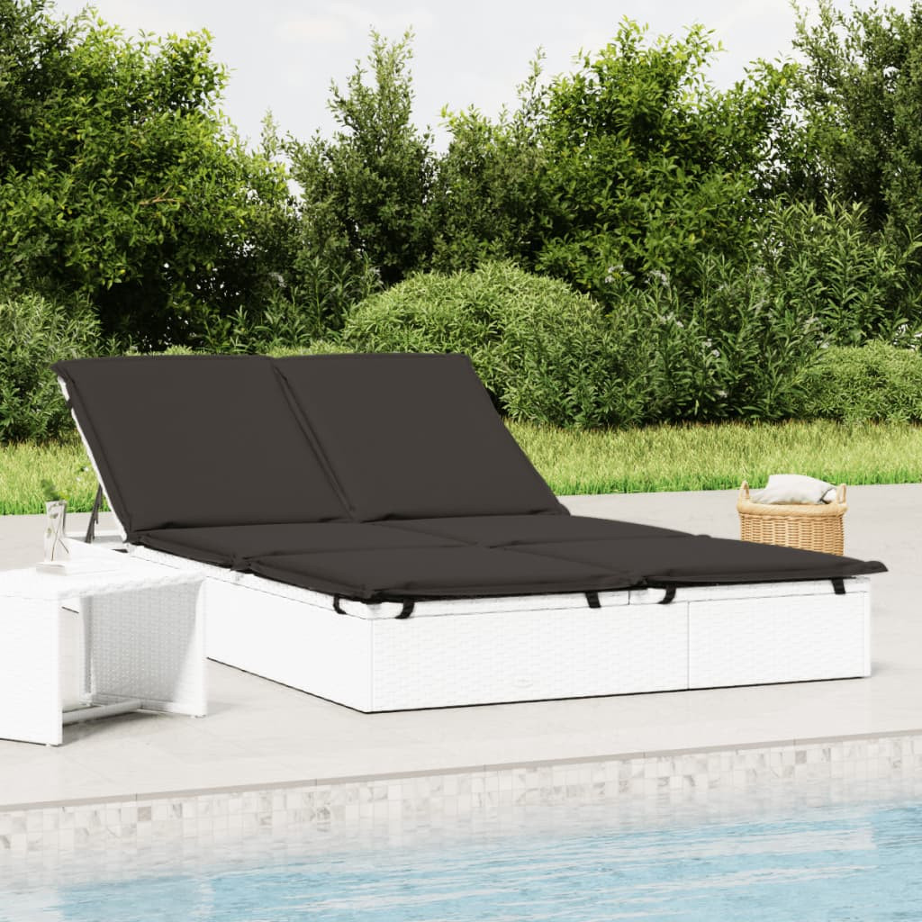 vidaXL Sonnenliege für 2 Personen mit Kissen Weiß Poly Rattan