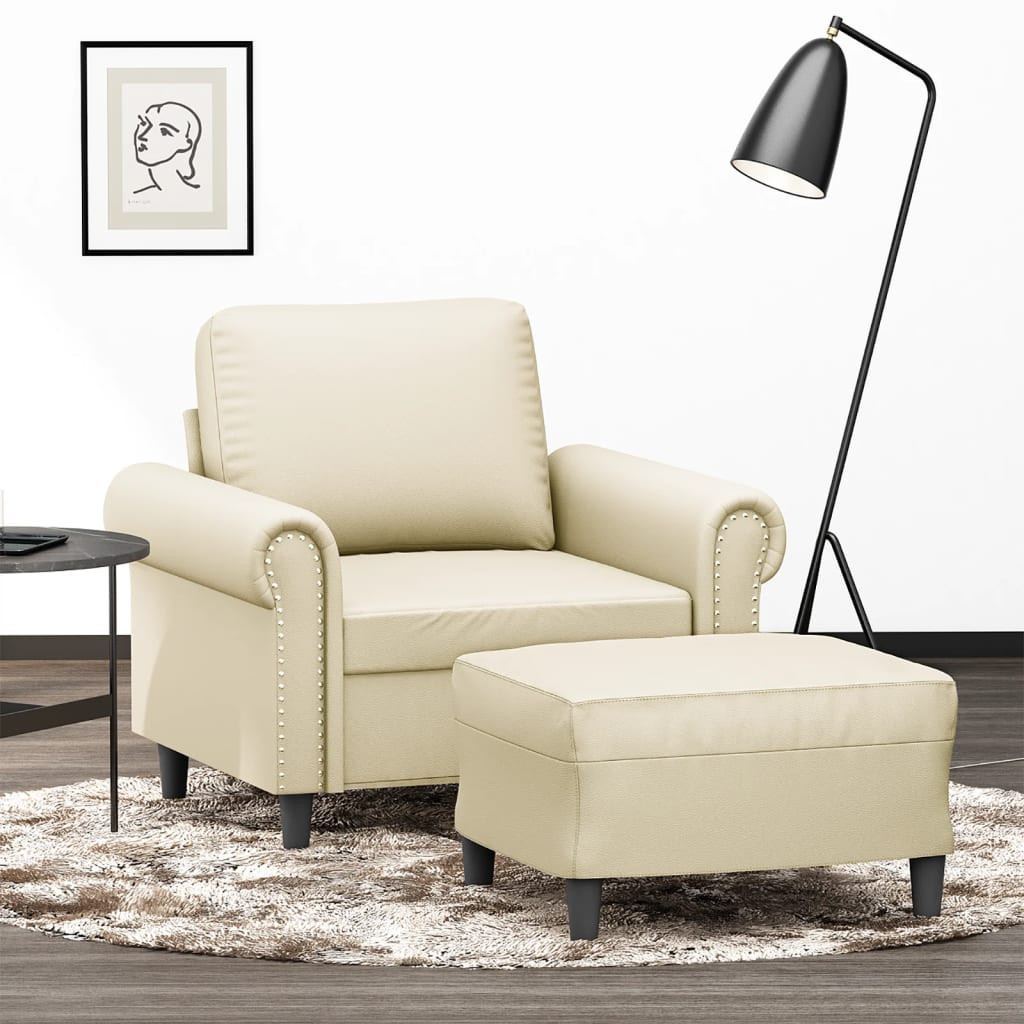 vidaXL Sessel mit Hocker Creme 60 cm Kunstleder