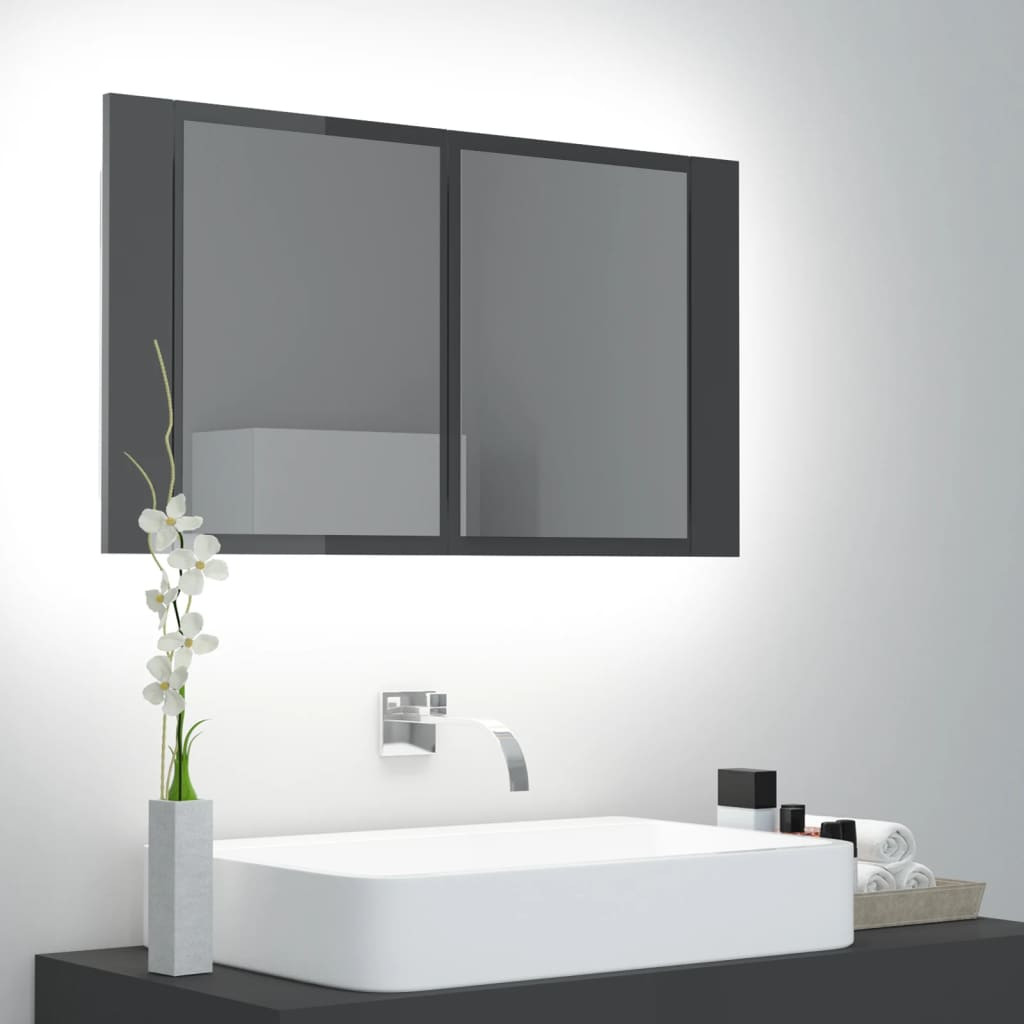 vidaXL LED-Bad-Spiegelschrank Hochglanz-Grau 80x12x45 cm Acryl