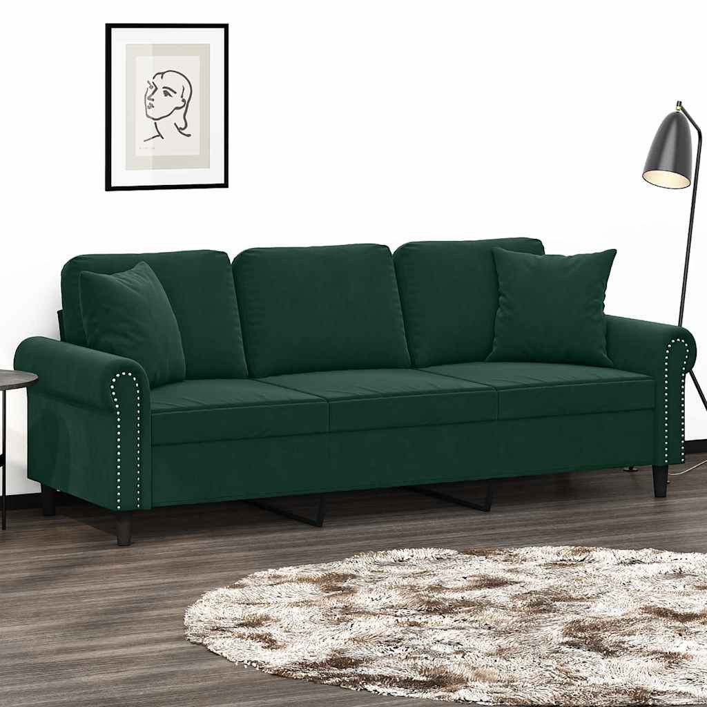 vidaXL 3-Sitzer-Sofa mit Zierkissen Dunkelgrün 180 cm Samt