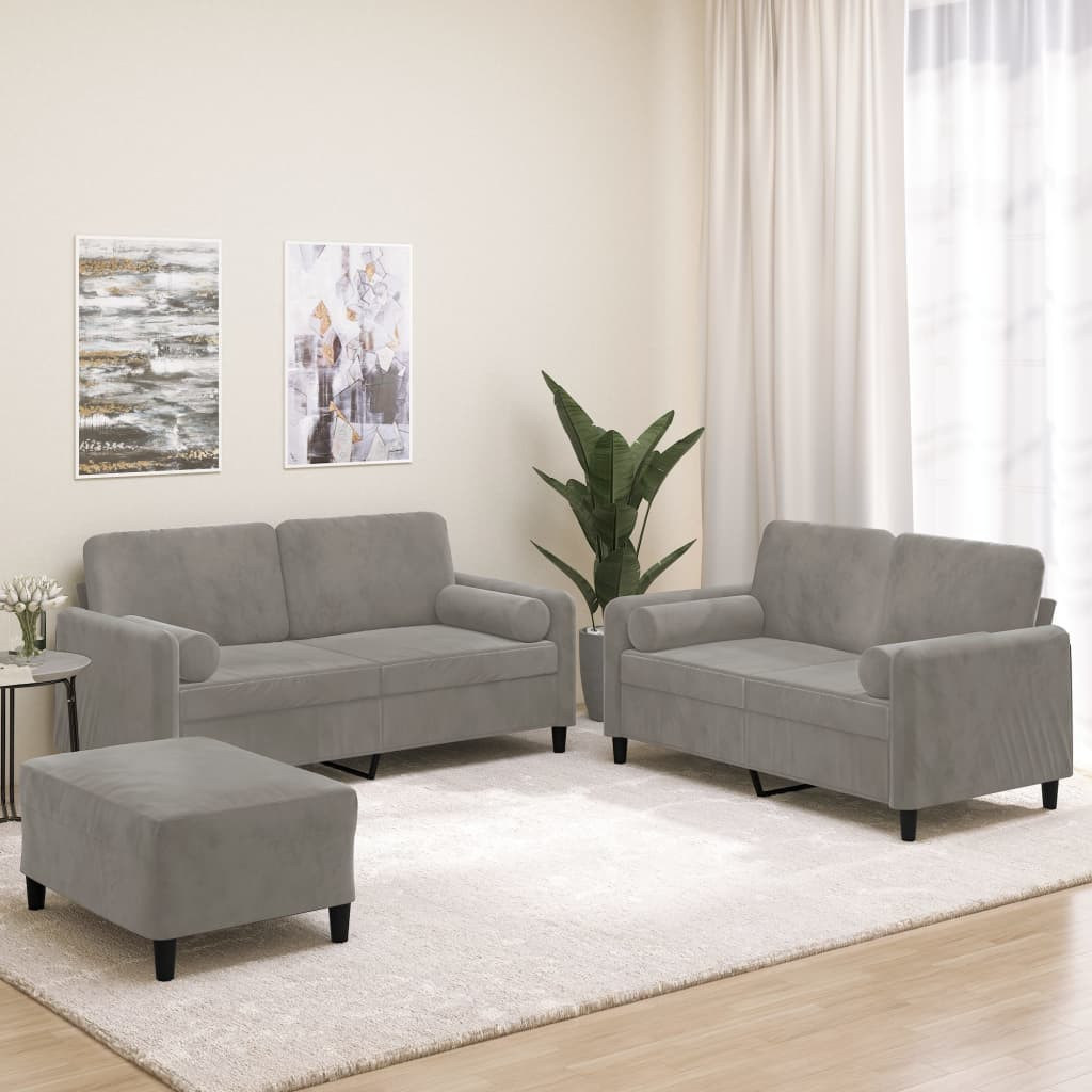 vidaXL 3-tlg. Sofagarnitur mit Kissen Hellgrau Samt