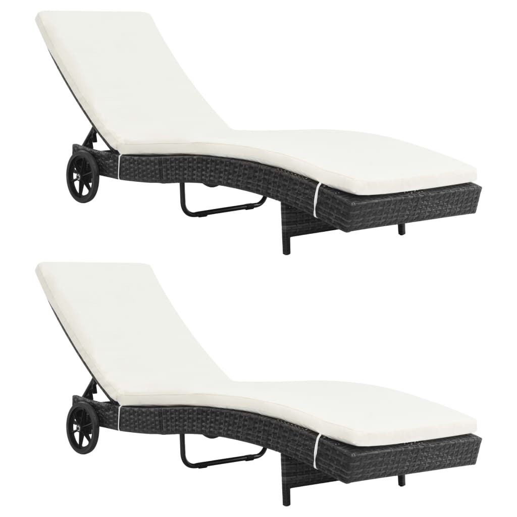 vidaXL Sonnenliegen 2 Stk. mit Rollen und Auflagen Poly Rattan Schwarz