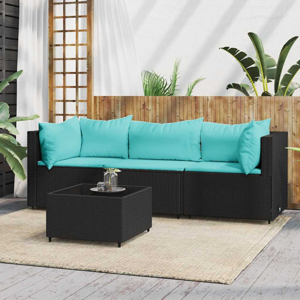vidaXL 4-tlg. Garten-Lounge-Set mit Kissen Schwarz Poly Rattan