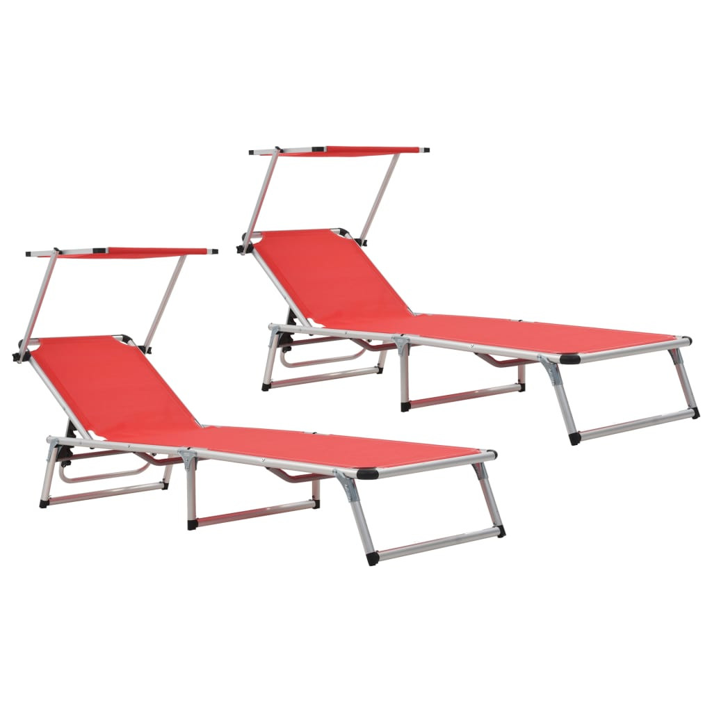 vidaXL Klappbare Sonnenliegen mit Dach 2 Stk. Aluminium Textilene Rot