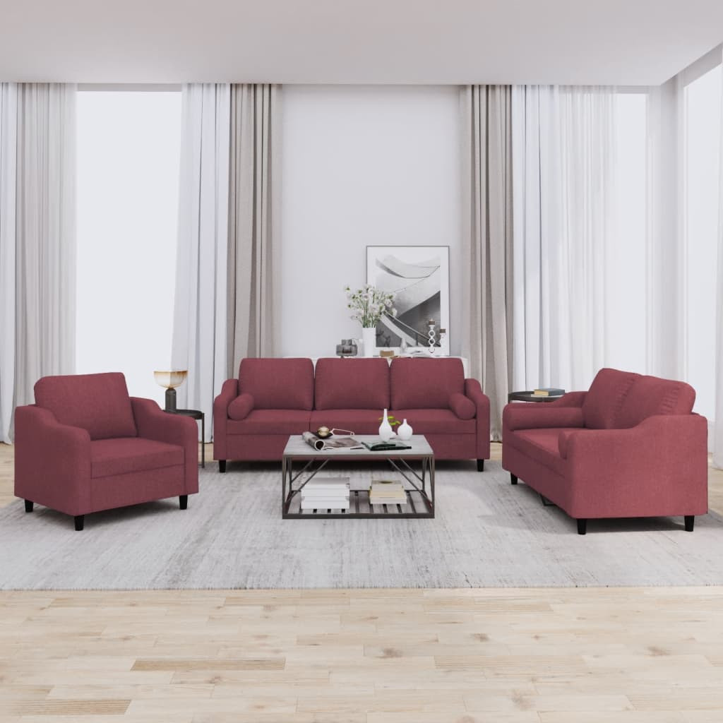 vidaXL 3-tlg. Sofagarnitur mit Kissen Weinrot Stoff