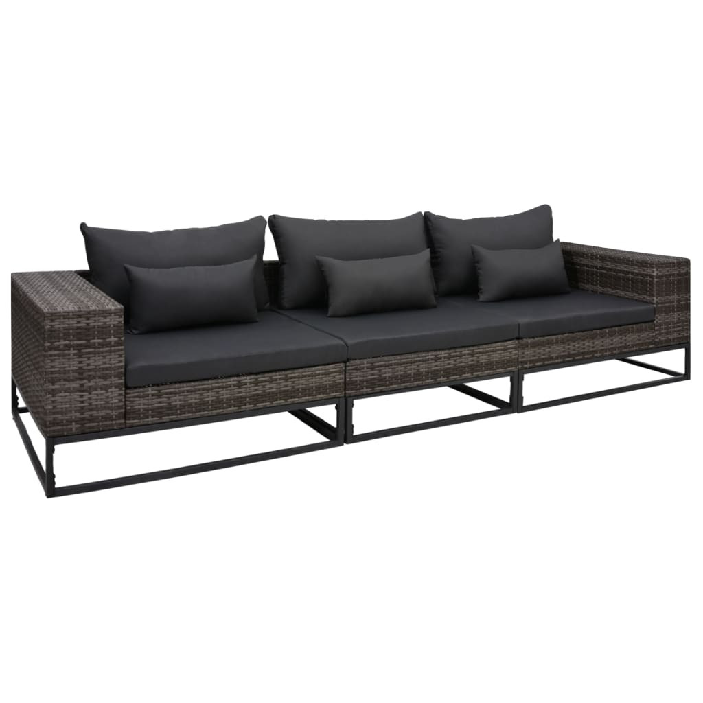vidaXL 3-tlg. Garten-Sofagarnitur mit Auflagen Poly Rattan Grau