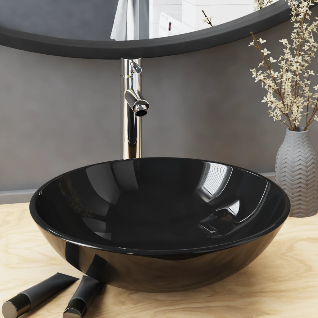 vidaXL Badezimmer Waschbecken mit Wasserhahn Ablaufgarnitur Schwarz