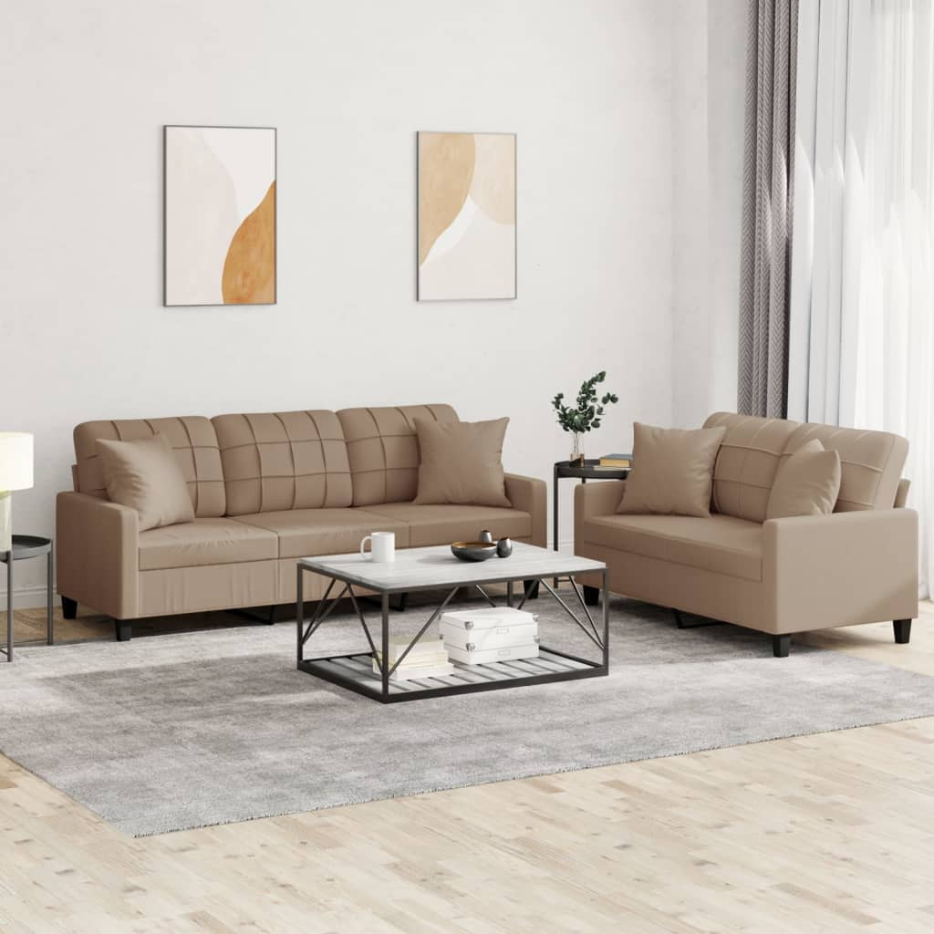 vidaXL 2-tlg. Sofagarnitur mit Kissen Cappuccino-Braun Kunstleder