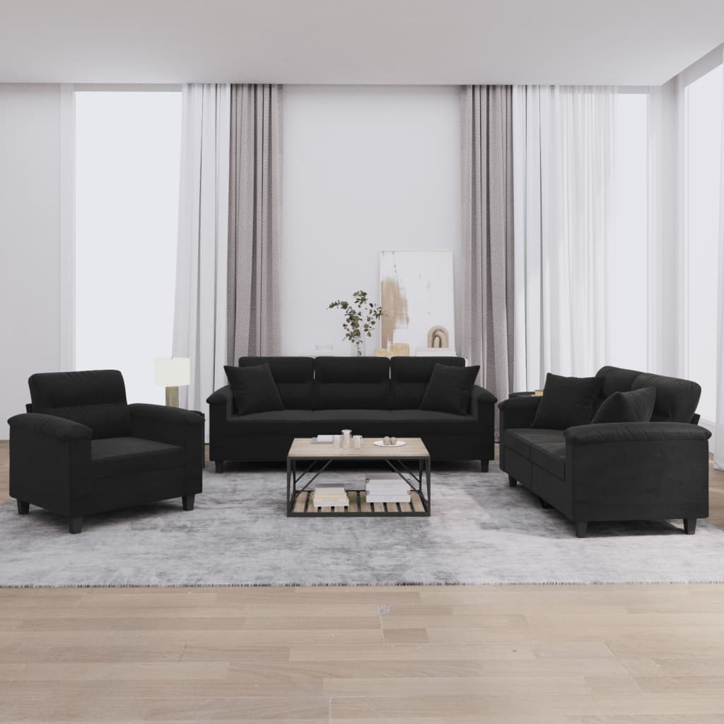 vidaXL 3-tlg. Sofagarnitur mit Kissen Schwarz Mikrofasergewebe