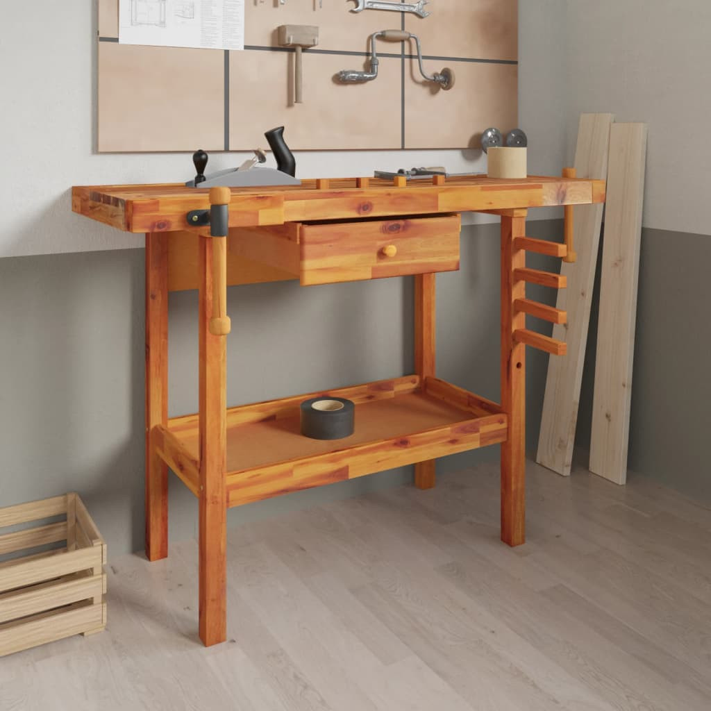 vidaXL Werkbank mit Schublade und Schraubstöcken 124 x 52 x 83 cm Massivholz Akazie