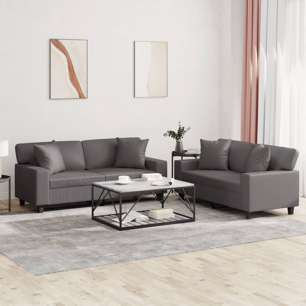 vidaXL 2-tlg. Sofagarnitur mit Kissen Grau Kunstleder
