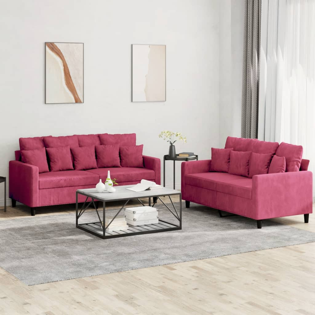 vidaXL 2-tlg. Sofagarnitur mit Kissen Weinrot Samt
