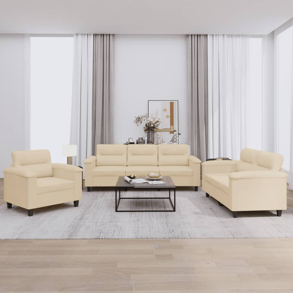 vidaXL 3-tlg. Sofagarnitur mit Kissen Creme Mikrofasergewebe
