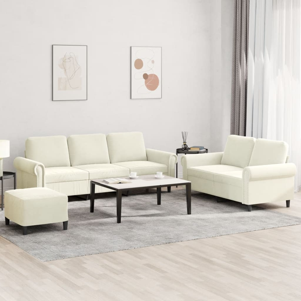 vidaXL 3-tlg. Sofagarnitur mit Kissen Creme Samt
