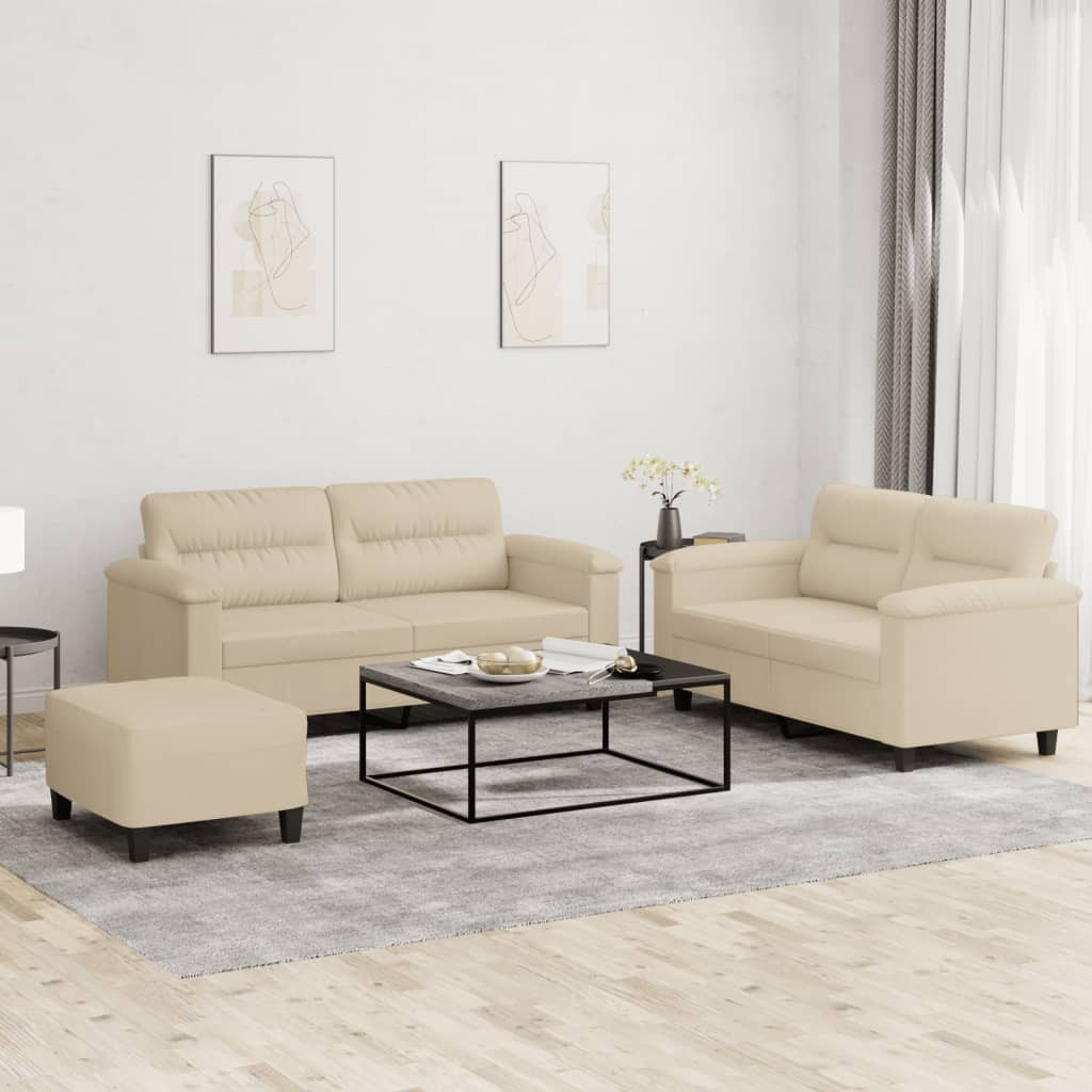 vidaXL 3-tlg. Sofagarnitur mit Kissen Creme Mikrofasergewebe