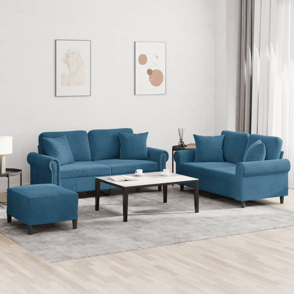 vidaXL 3-tlg. Sofagarnitur mit Kissen Blau Samt