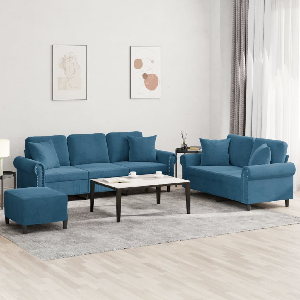 vidaXL 3-tlg. Sofagarnitur mit Kissen Blau Samt