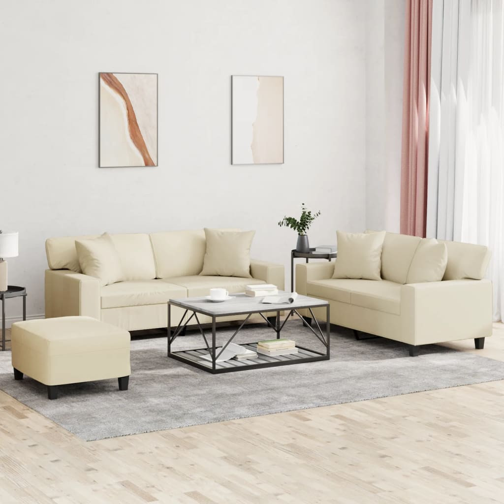 vidaXL 3-tlg. Sofagarnitur mit Kissen Creme Kunstleder