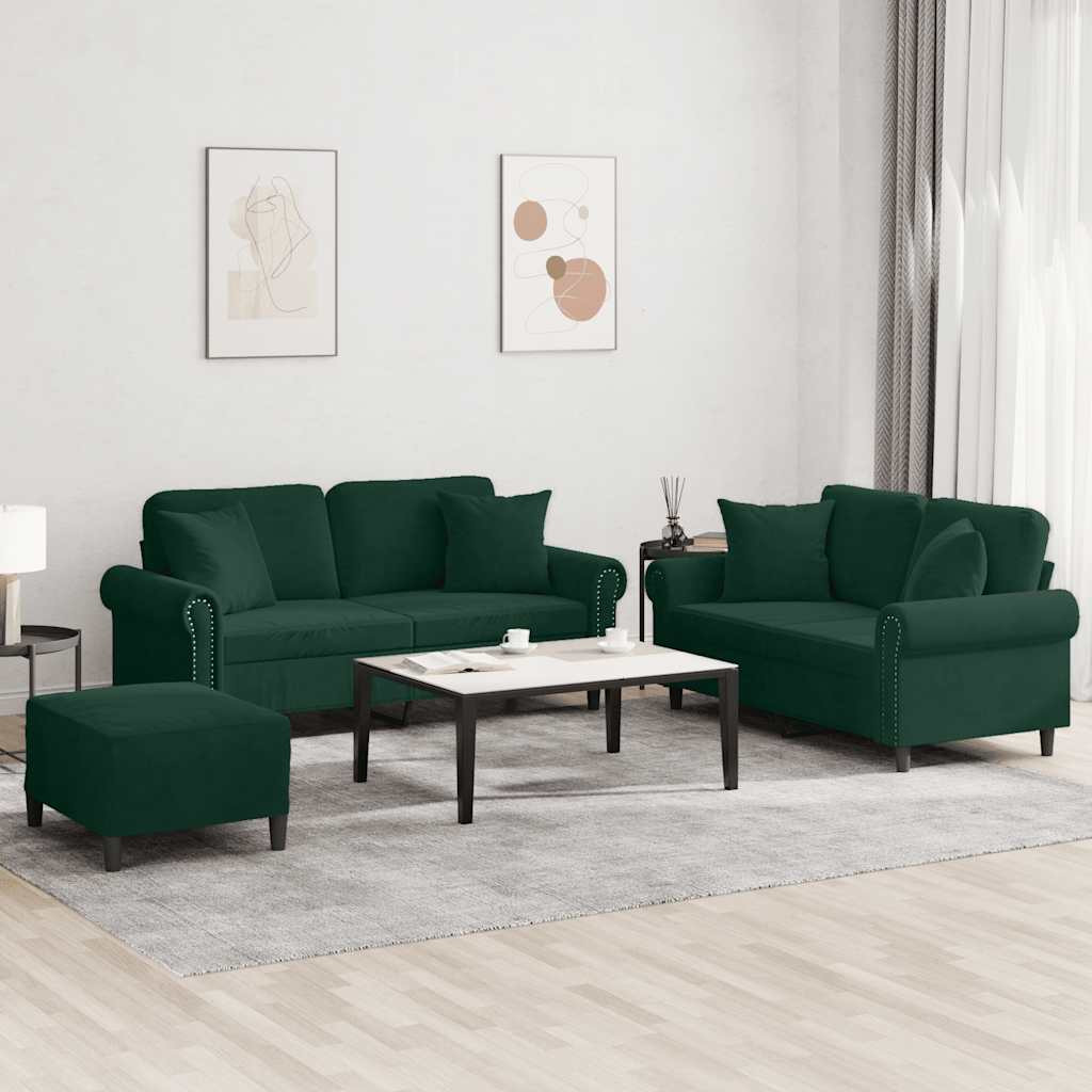 vidaXL 3-tlg. Sofagarnitur mit Kissen Dunkelgrün Samt