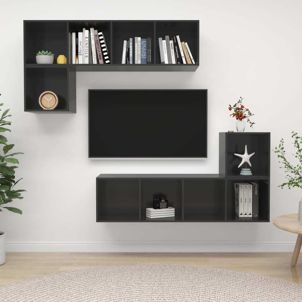 vidaXL 4-tlg. TV-Schrank-Set Hochglanz-Grau Holzwerkstoff
