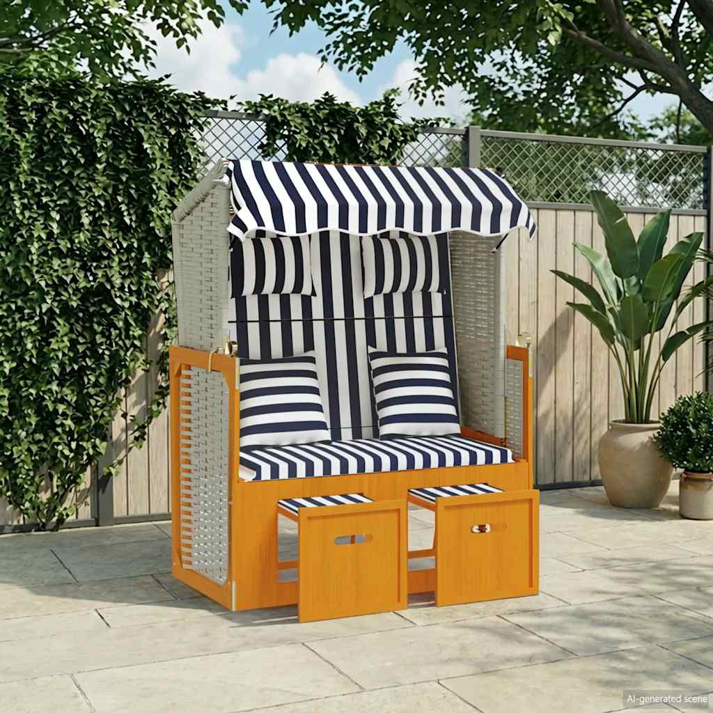 vidaXL Strandkorb mit Kissen Poly Rattan & Massivholz Weiß & Blau