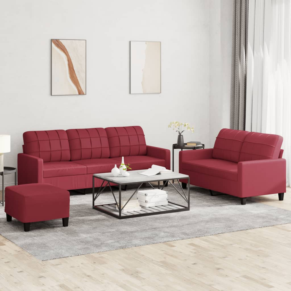 vidaXL 3-tlg. Sofagarnitur mit Kissen Weinrot Kunstleder