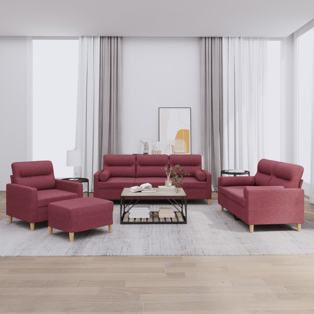 vidaXL 4-tlg. Sofagarnitur mit Kissen Weinrot Stoff