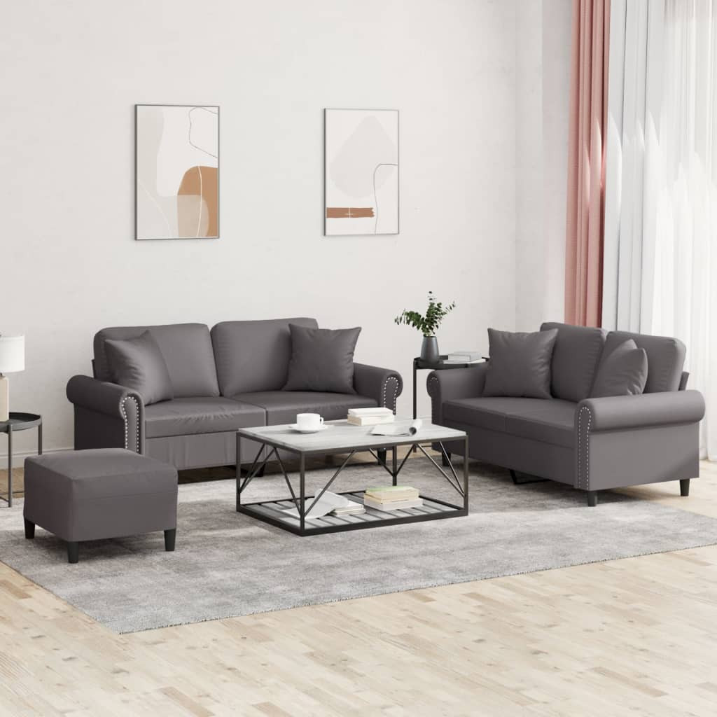 vidaXL 3-tlg. Sofagarnitur mit Kissen Grau Kunstleder
