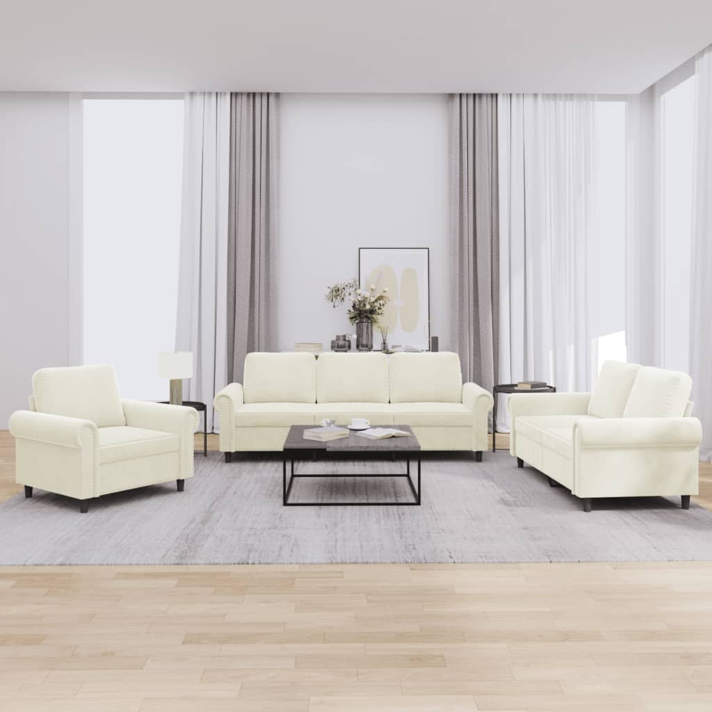 vidaXL 3-tlg. Sofagarnitur mit Kissen Creme Samt