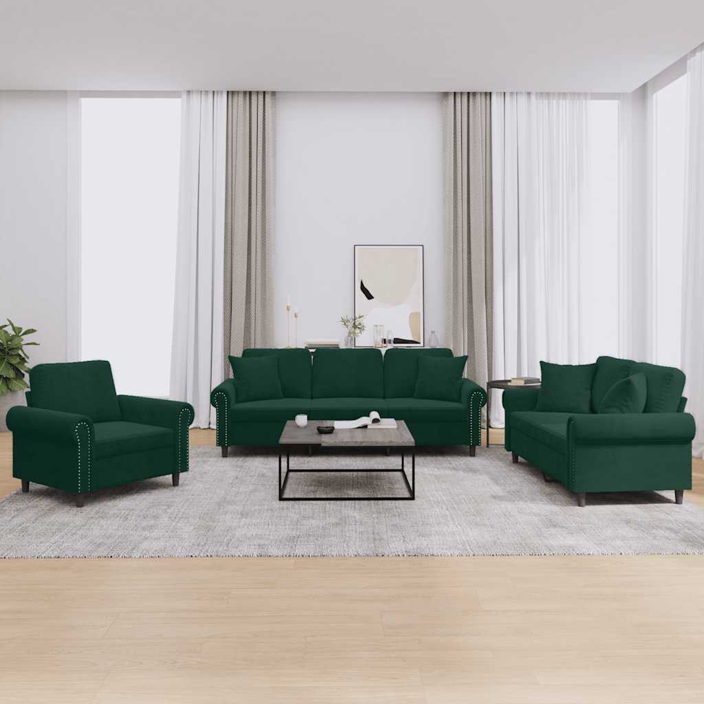 vidaXL 3-tlg. Sofagarnitur mit Kissen Dunkelgrün Samt