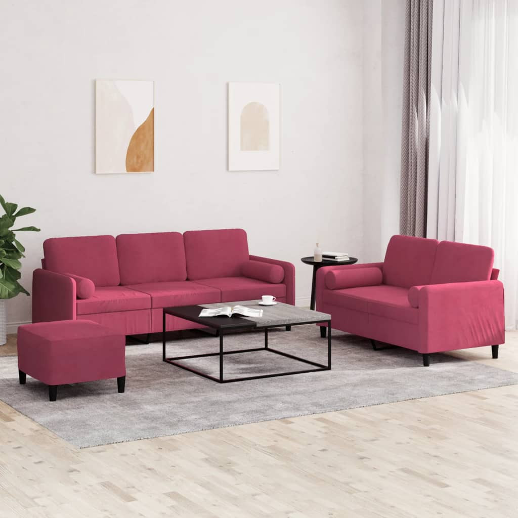 vidaXL 3-tlg. Sofagarnitur mit Kissen Weinrot Samt