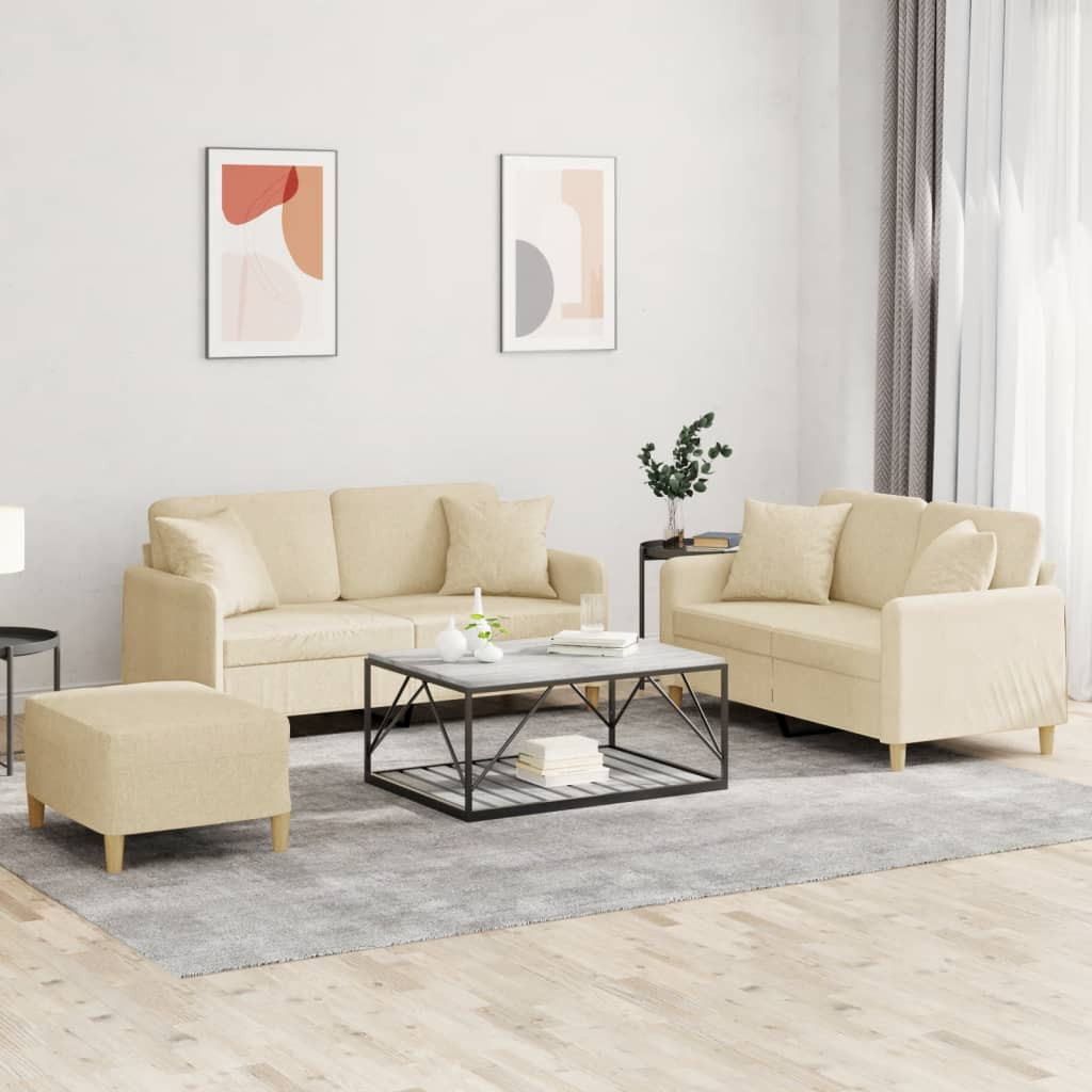 vidaXL 3-tlg. Sofagarnitur mit Kissen Creme Stoff