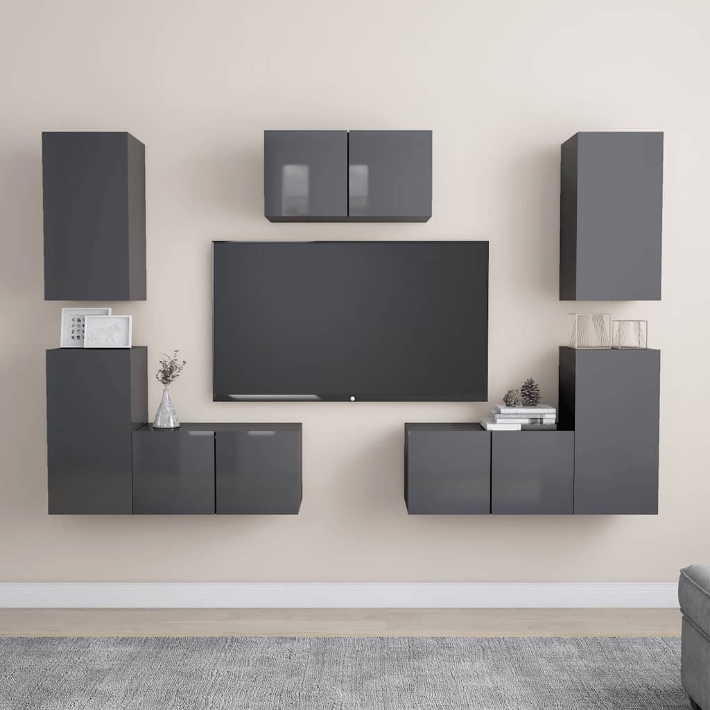 vidaXL 7-tlg. TV-Schrank-Set Hochglanz-Grau Holzwerkstoff