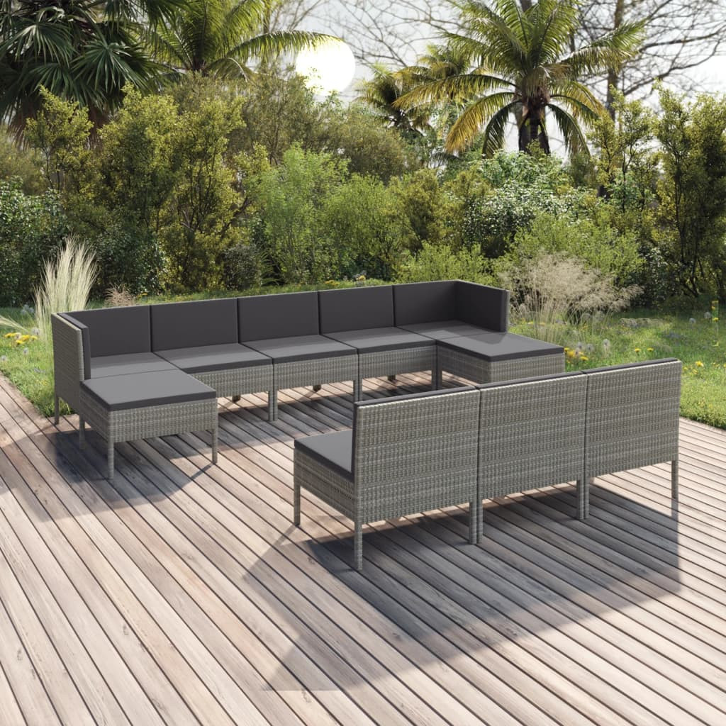 vidaXL 10-tlg. Garten-Lounge-Set mit Auflagen Poly Rattan Grau