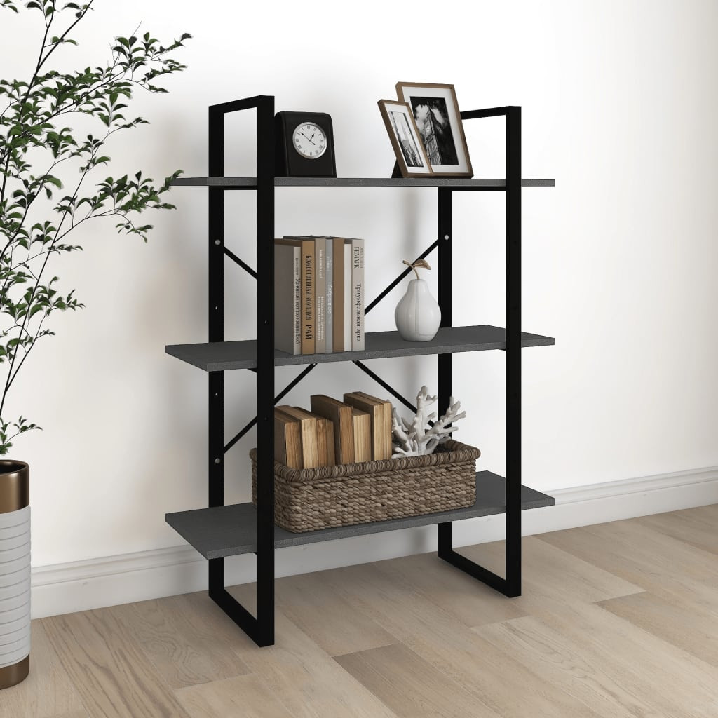 vidaXL Bücherregal 3 Böden Grau 80x30x105 cm Massivholz Kiefer