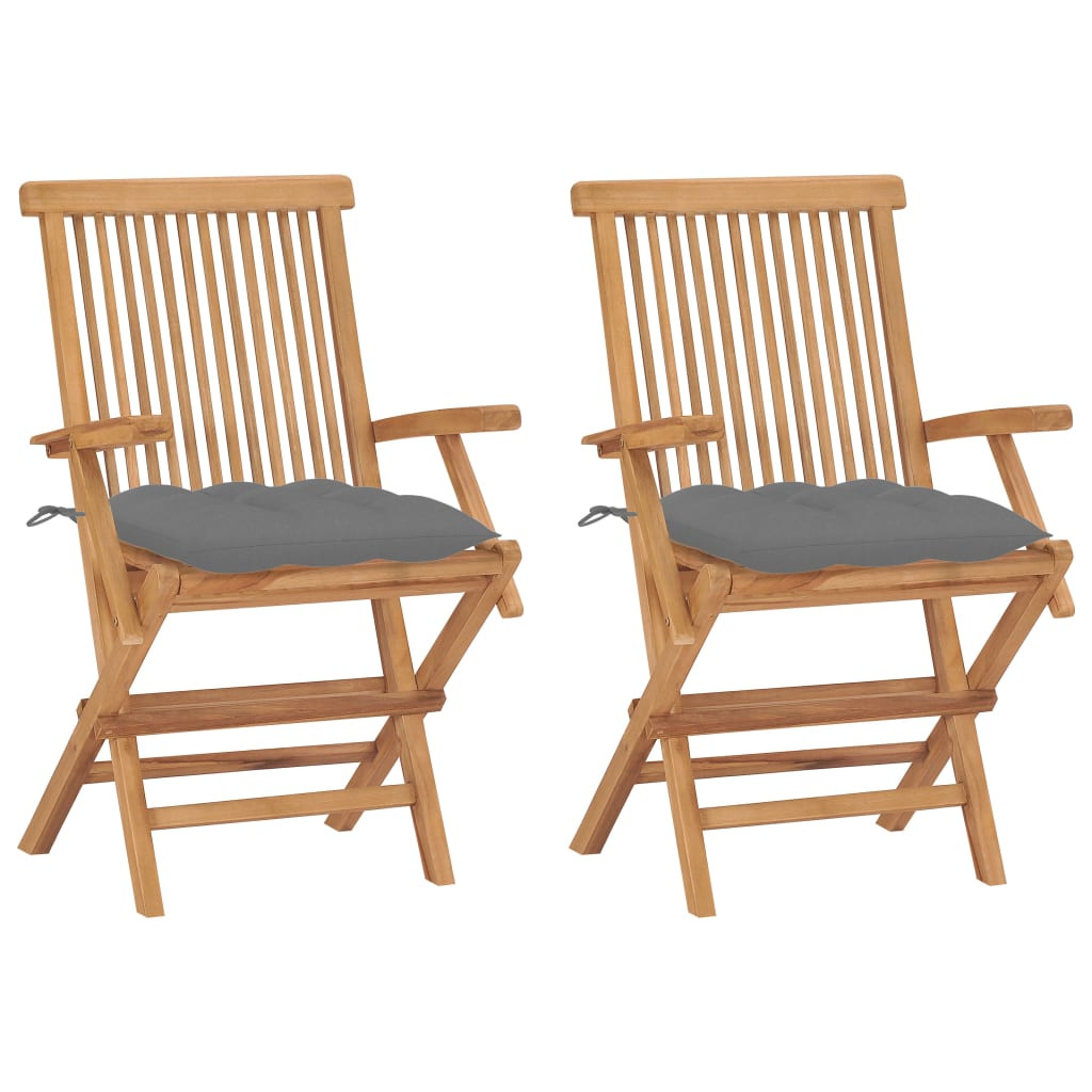 vidaXL Gartenstühle mit Grauen Kissen 2 Stk. Massivholz Teak