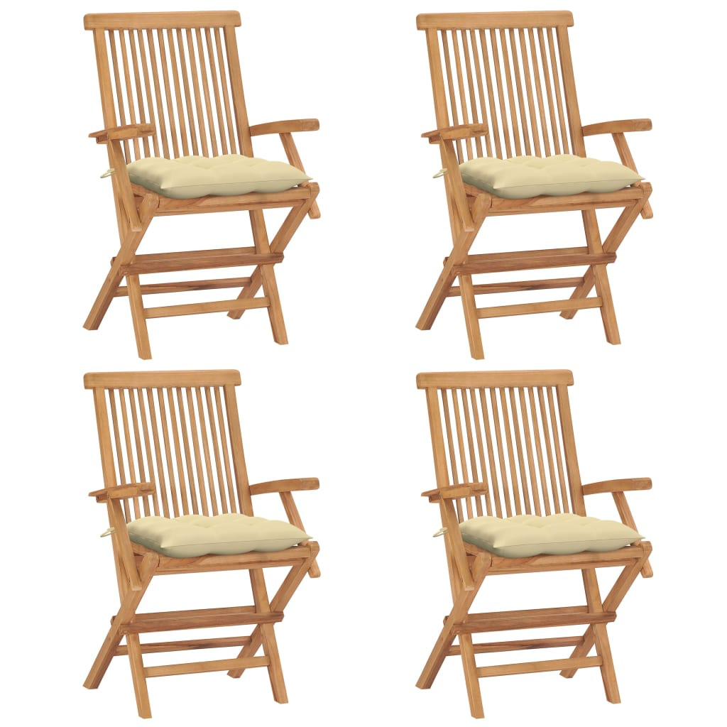 vidaXL Gartenstühle mit Cremeweißen Kissen 4 Stk. Massivholz Teak