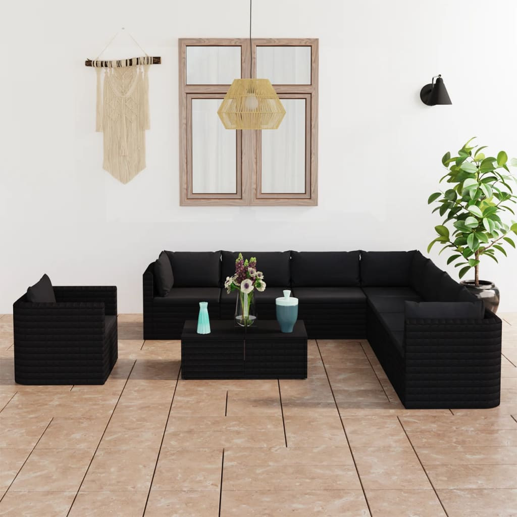 vidaXL 10-tlg. Garten-Lounge-Set mit Kissen Poly Rattan Schwarz