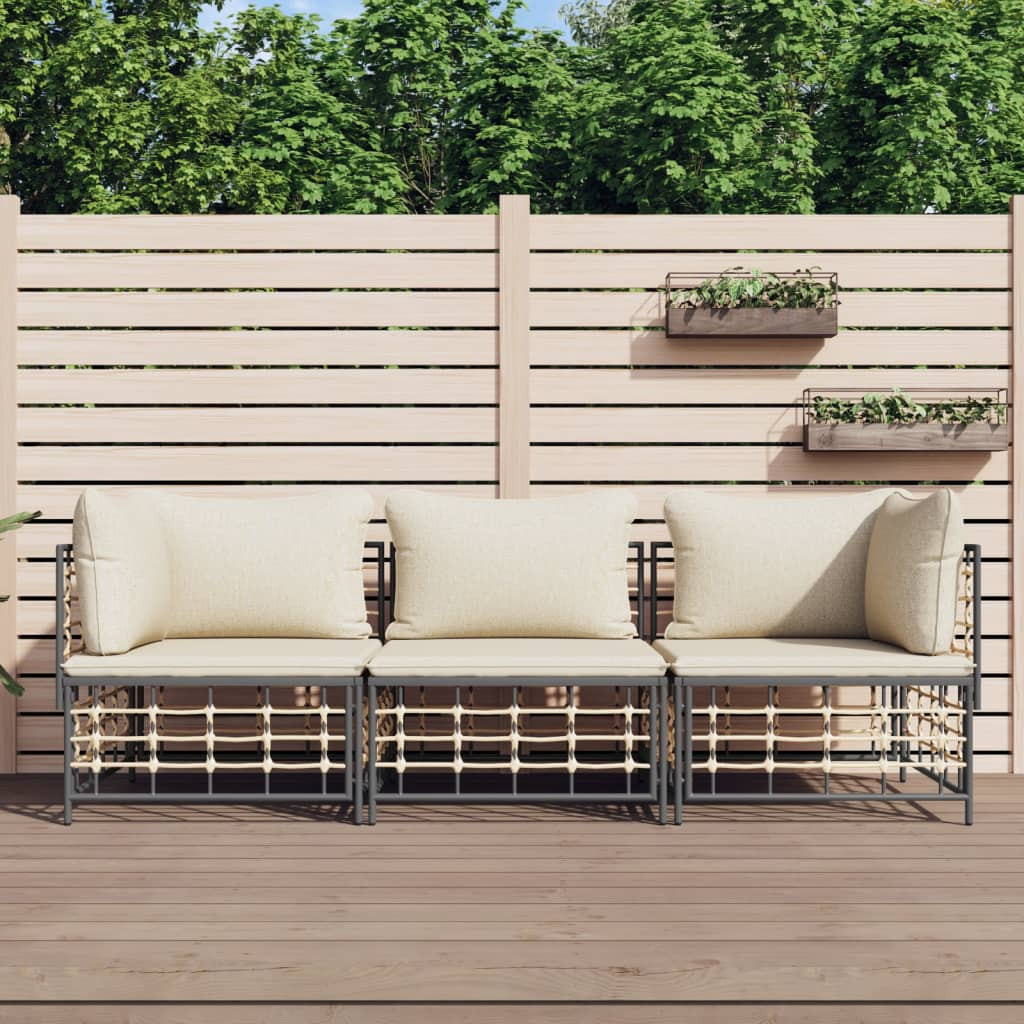 vidaXL 3-tlg. Garten-Lounge-Set mit Kissen Anthrazit Poly Rattan